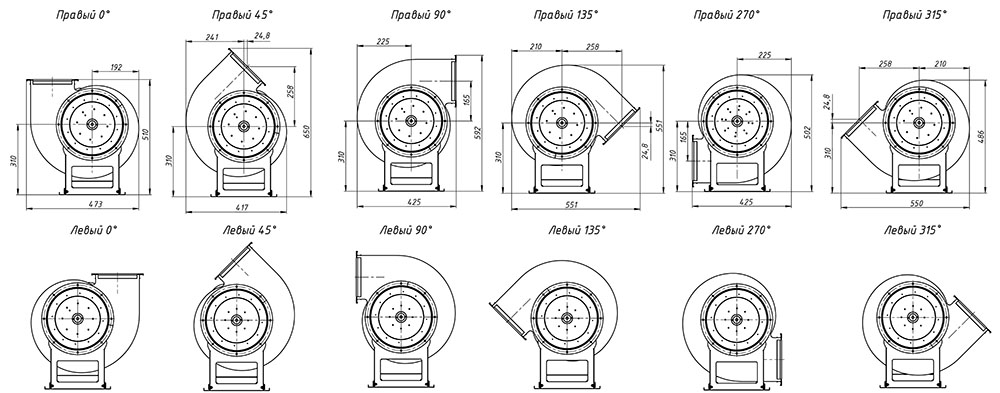 Габаритные и присоединительные размеры радиального вентилятора среднего давления ВЦ 14-46 №2.5 Исполнение 1, зависящие от положения корпуса