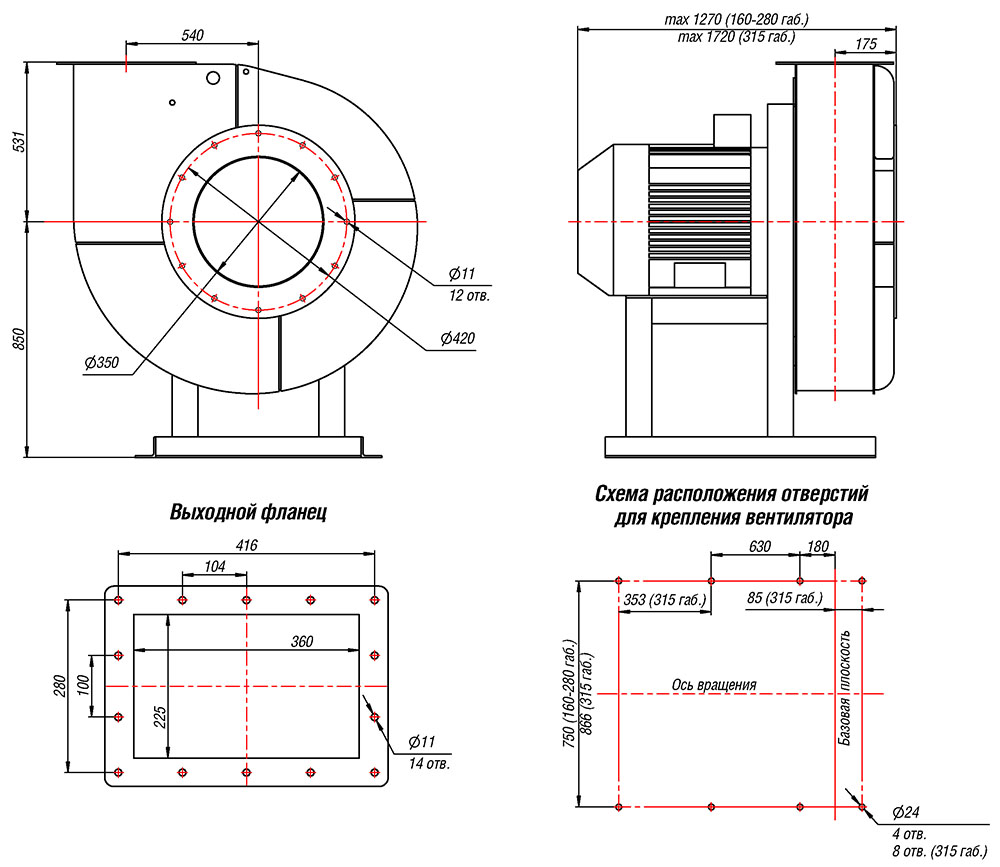 Габаритные и присоединительные размеры радиального вентилятора высокого давления ВР 132-30 №9 