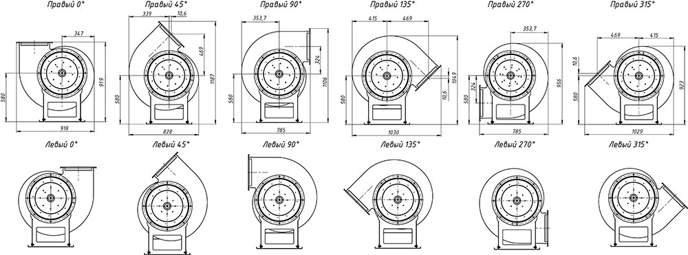 Габаритные и присоединительные размеры радиального вентилятора ВР 80-75 №5 Исполнение 1, зависящие от положения корпуса